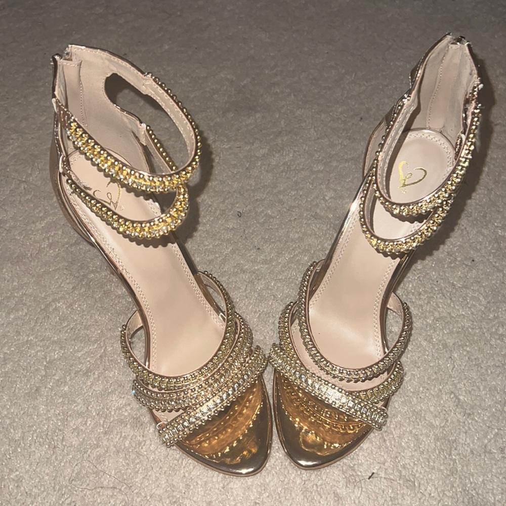 Open toed Rhinestone gold heels
